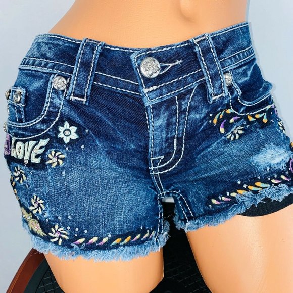 Miss Me 24 Signature Short Denim Hippie Peace Love Rhinestone Accented - Picture 1 of 10